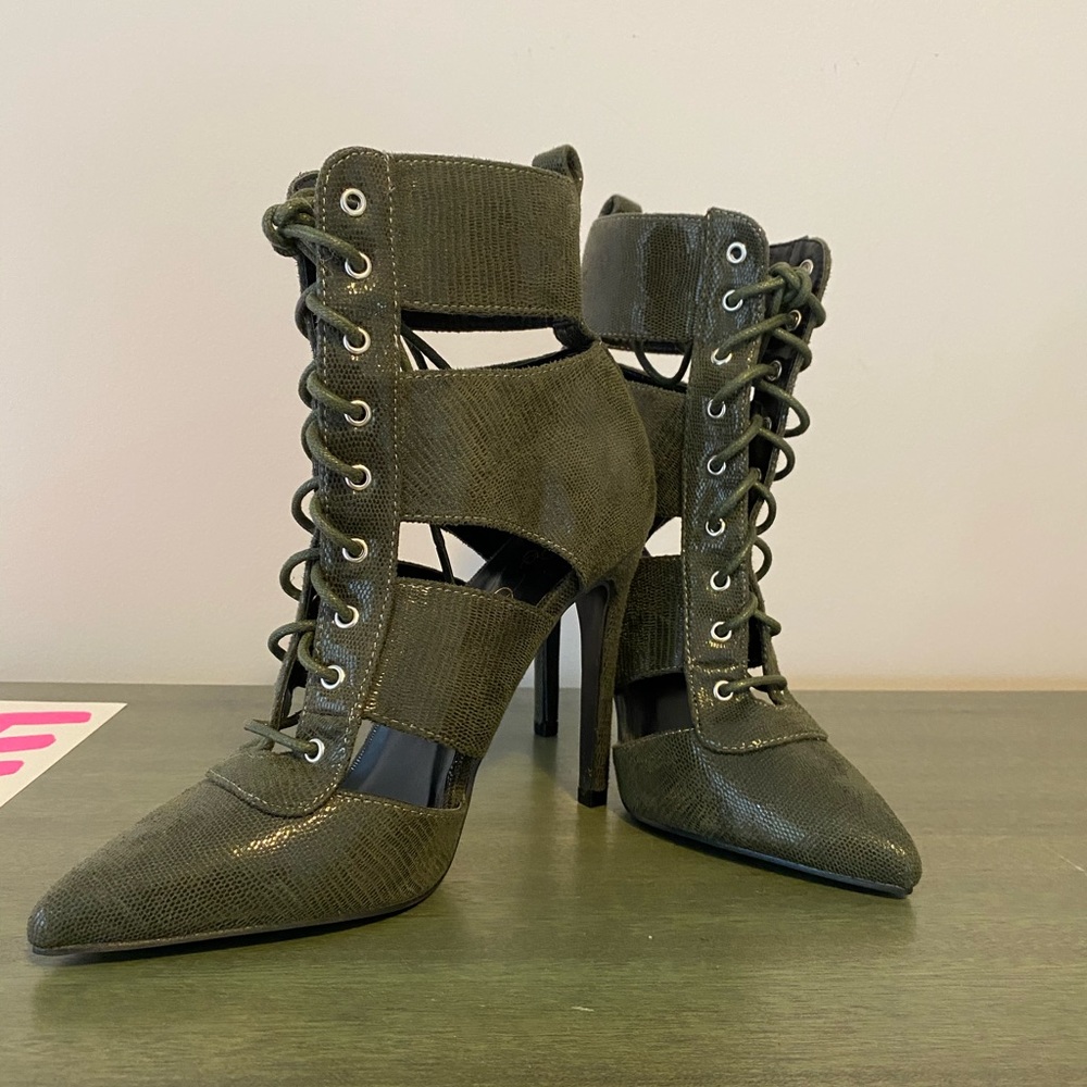 Brand New Olive Alligator Lace Up High Heel Boots